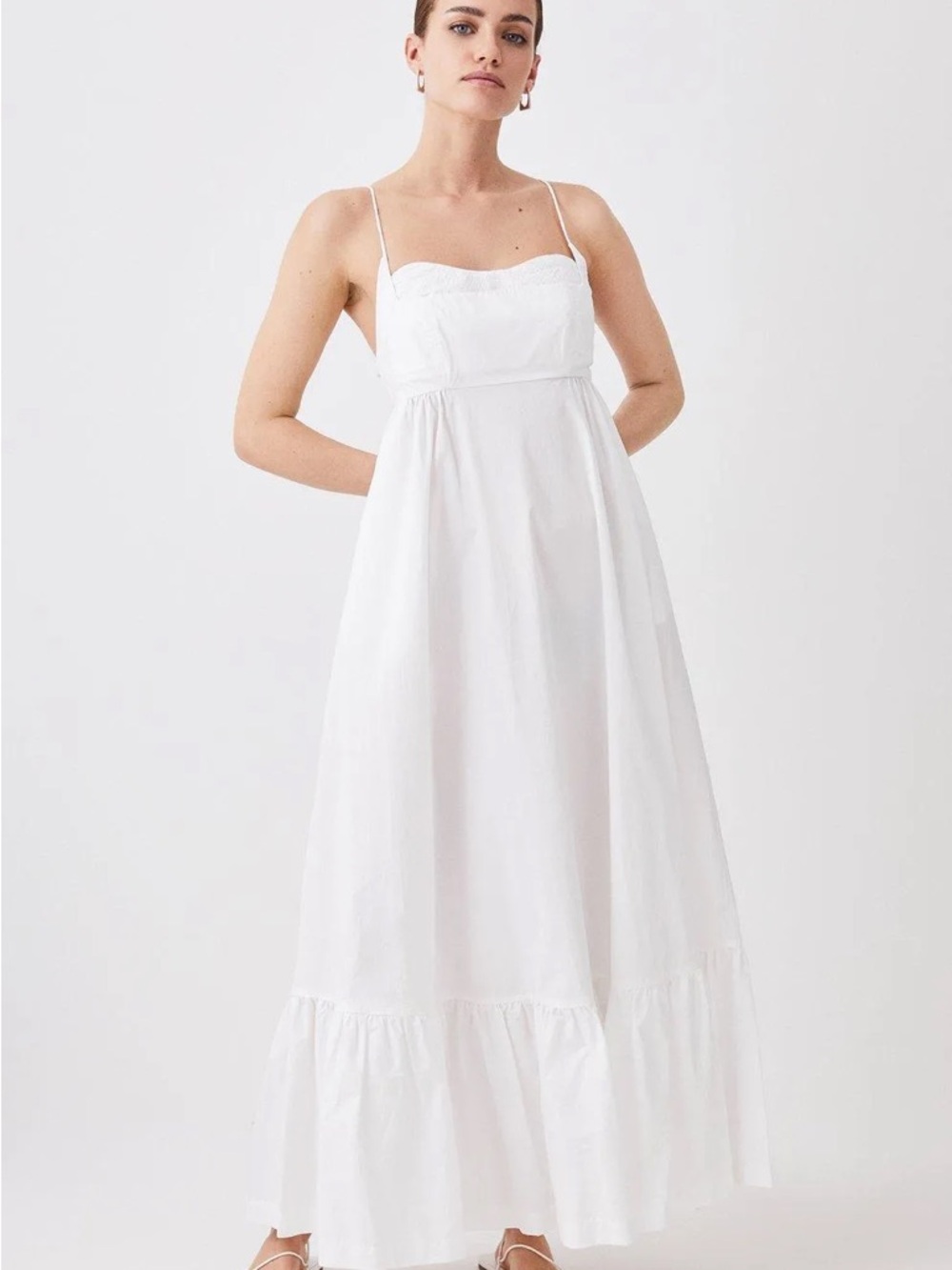 Karen Millen Cotton Topstitch Strappy Maxi Dress White UK 12 US 8 NWT